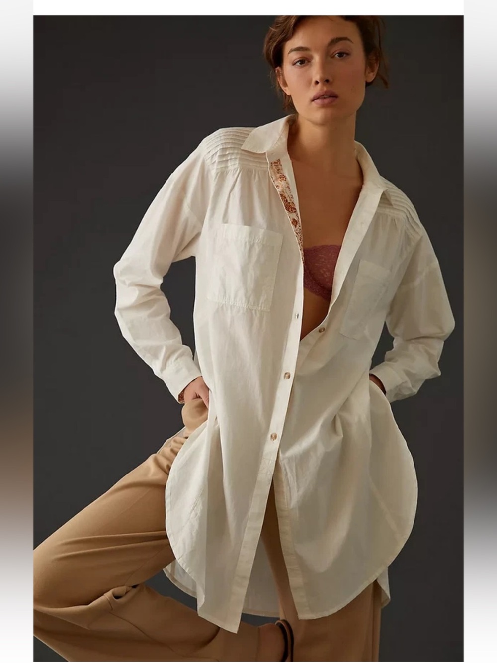Anthropologie Cream Button-Down Tunic Shirt